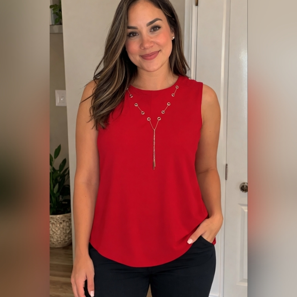 Y2K Love Scarlett Red Grommet Necklace-Accent Sleeveless Tank Large